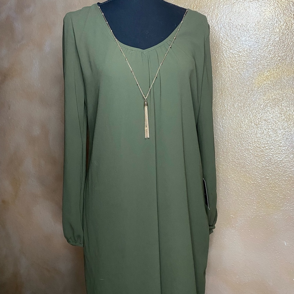 I.N. San Fransisco Olive Green BRAND NEW Dress with built in necklace NWT small